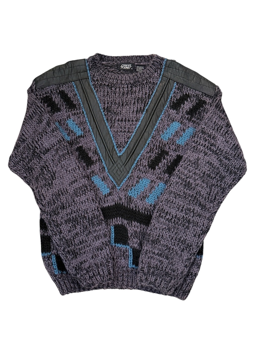 Vintage 80s Street Scenes Chunky Fuzzy Knit Leather Trim Geometric Sweater Small